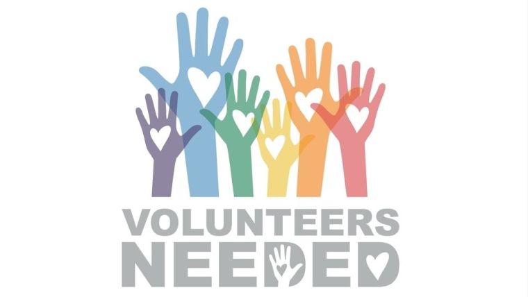 Volunteers needed written in colourful text with illustrations of raised hands demonstrating willingness to participate