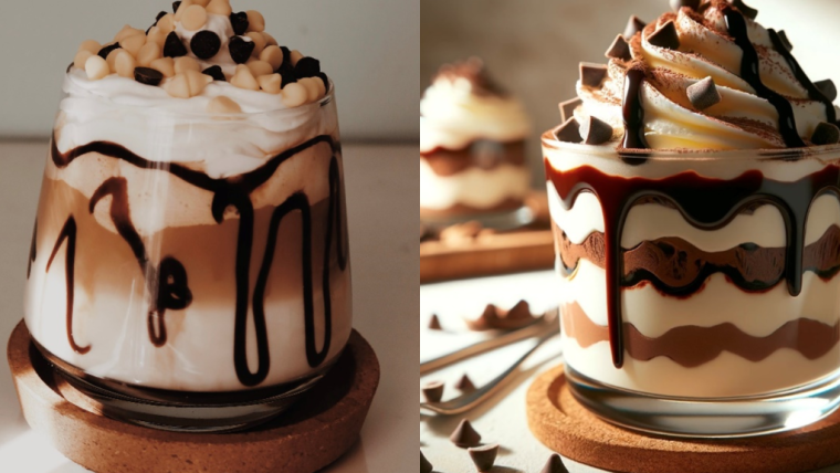 A real (left) and AI-generated (right) image of a chocolate dessert topped with whipped cream, used in the research study.