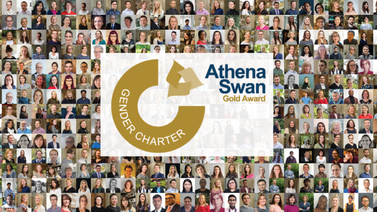 A collage of department member pportraits photos with the Athena Swan Gold logo overlayed.