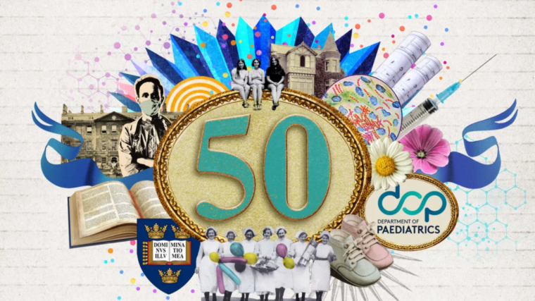 colourful, complex collage of graphics capturing the milestones of Oxford Paediatrics