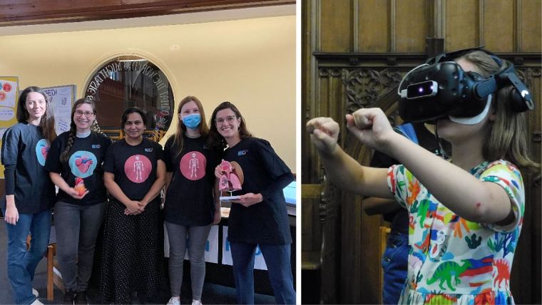 Department of Physiology, Anatomy and Genetics researchers at IF Oxford, alongside a young girl taking part in the festival and experiencing virtual reality.