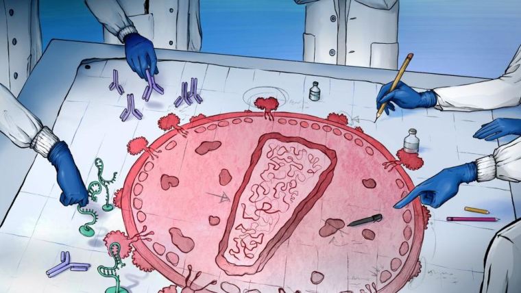 An illustration that depicts scientists strategizing around a drawing of an HIV virus