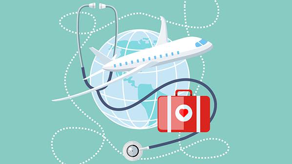 Illustration of airplane travelling around the world, accompanied by an illustration of a stethoscope and medical kit