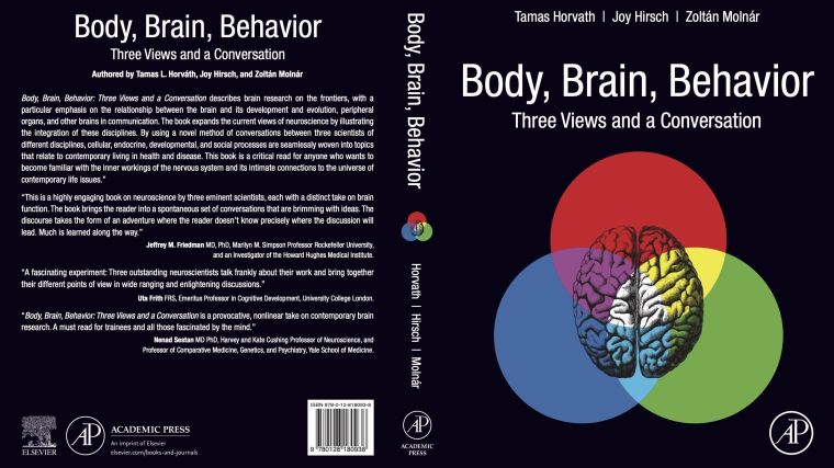 Book Cover of Body, Brain, Behaviour: Three views and a Conversation showing a brain in the middle of a venn diagram consisting of blue, red and green circles.