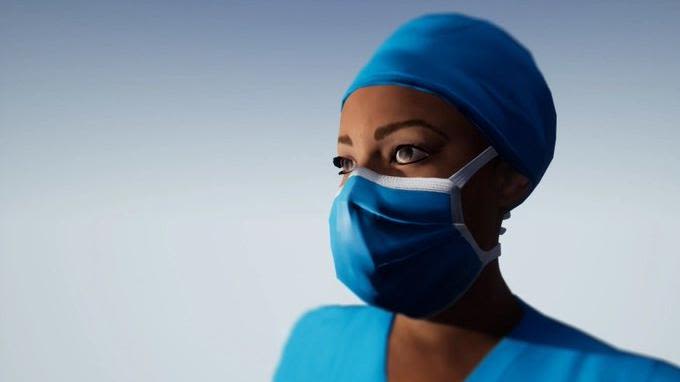 3D rendering of female health care worker of African descent wearing a face mask and blue scrubs