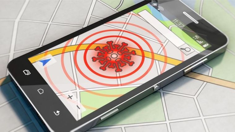 Illustration of contact tracing app on top of a street map