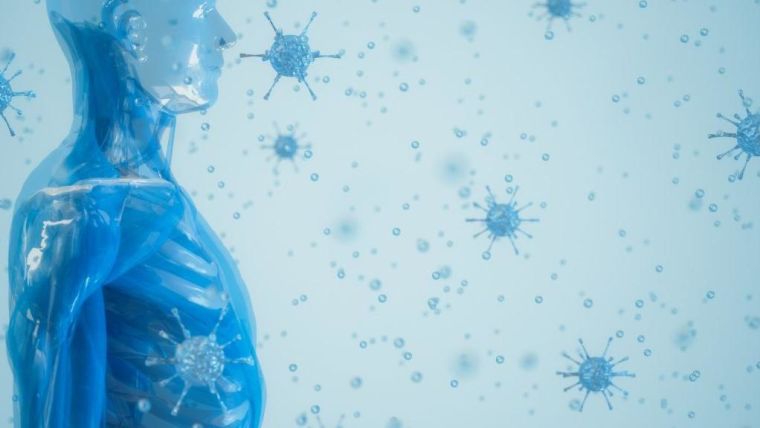 Blue transparent figure of a men surrounded by blue virus