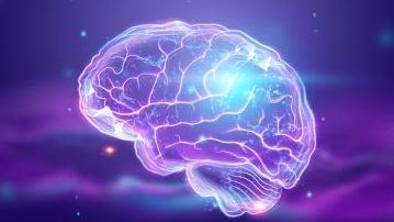 Purple brain with points of light on top of dark purple background