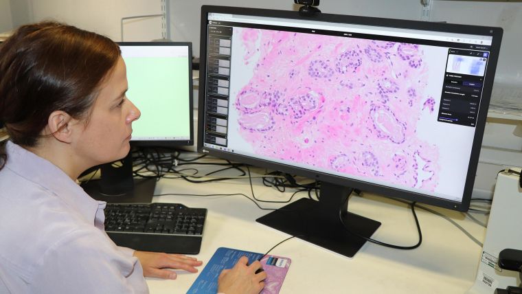 Professor Clare Verrill using the new AI pathology software