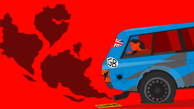 Illustration of blue car in bad conditions over a red background with some continents in brown made form the car's fumes