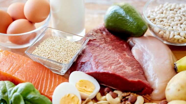 A selection of foods including raw meat, eggs, fish, nuts and vegetables